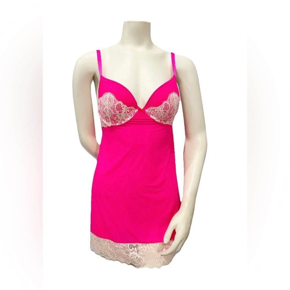 Victoria’s Secret Hot Pink Lace Trim Chemise Sleep Dress 34D